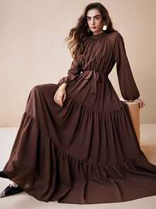 Arave Women's Solid Color Stand Collar Ruched Waist Tie Design Long Sleeve Fashionable Party & Holiday Cake Hem Dress New Year - Brown - View 5