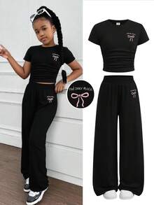 Tween Girls Spring/Summer New Embroidered Flower T-Shirt & Leggings 2 Pieces Set, Casual Daily Fashion Versatile, Grey Fitted Homewear 2 Pieces Set - Black - View 1