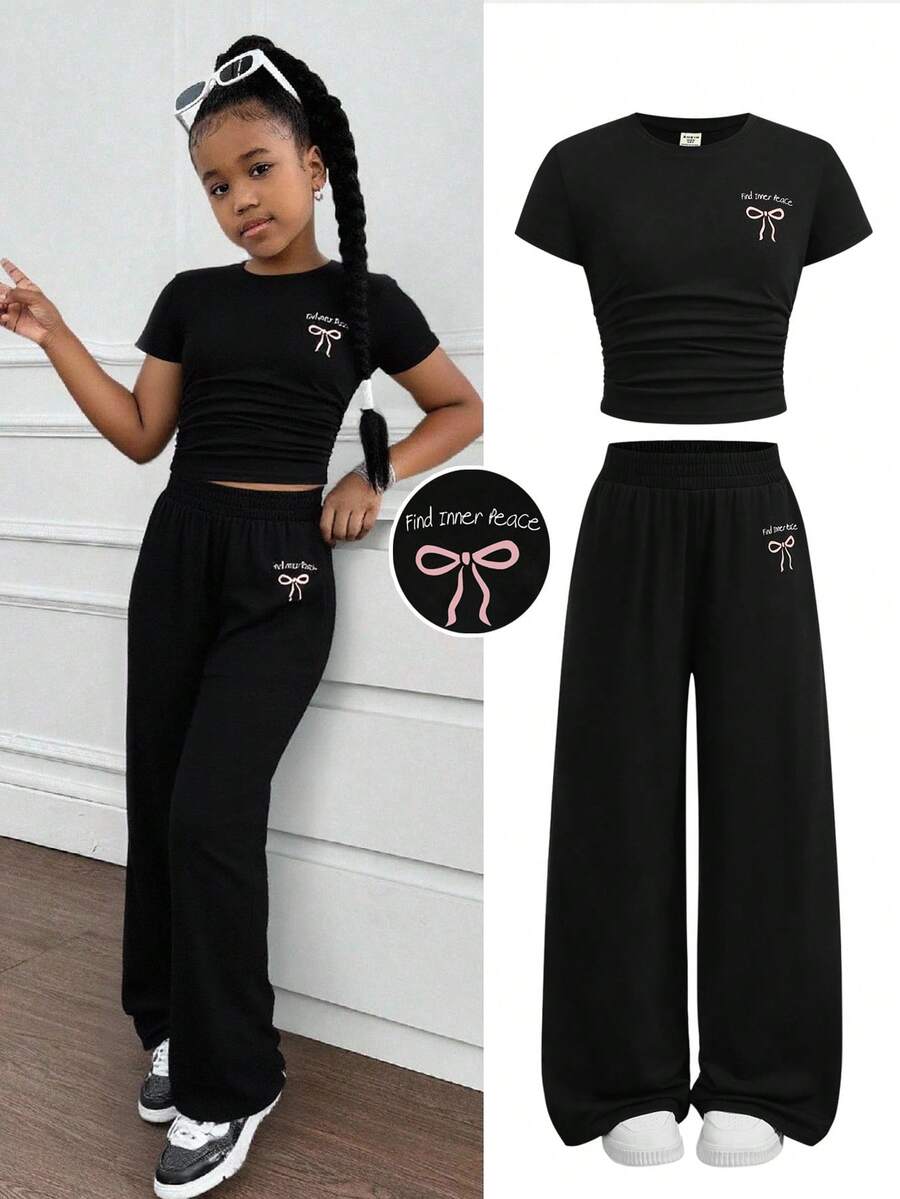 Tween Girls Spring/Summer New Embroidered Flower T-Shirt & Leggings 2 Pieces Set, Casual Daily Fashion Versatile, Grey Fitted Homewear 2 Pieces Set - Black - View 1