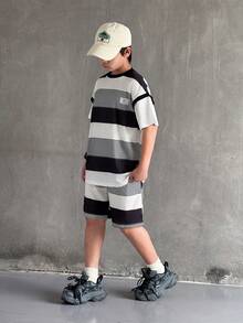 Mirajuku 2pcs/Set Boys' Black And White Striped Contrast Sleeve Round Neck T-Shirt Set,Autumn Casual City Break Outfit For Daily,Commute,School,And Sports Wear - Multicolor - View 4