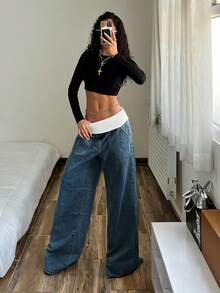 StreetHx 女士休闲水洗撞色腰带阔腿牛仔裤 - 藍色 - 查看 5
