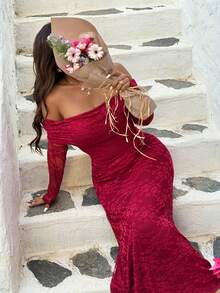 Flirla Đầm ren trễ vai màu trơn dành cho nữ cỡ lớn - Màu Đỏ Sâu - Xem 1