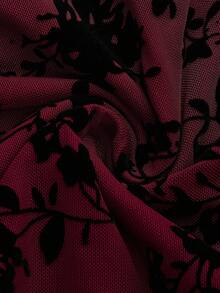 Sweetra Gothic Style Women Top, Floral Flocked Fabric, Ruffle Trim - Burgundy - View 4