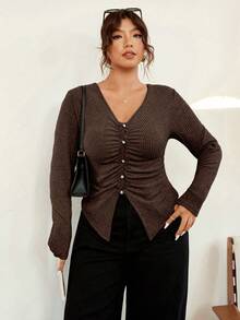 Vionelle Plus Size Pleated Striped Brushed Knit V-Neck Fitted Long Sleeve T-Shirt, Slimming, Autumn/Winter Brown Tops For Women Coffee Brown Top Brown Cardigan Dark Brown Top Brown Long Sleeve Top - Brown - View 1