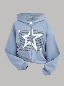 Áo nỉ trùm đầu họa tiết ngôi sao mát mẻ dành cho bé gái tuổi teen, áo ba lỗ cổ tròn và quần túi hộp - Màu xanh bụi bặm - Xem 15