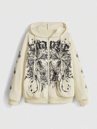 Grunge Punk Sudadera holgada con estampado retro de vid y cruz PUNK para mujer