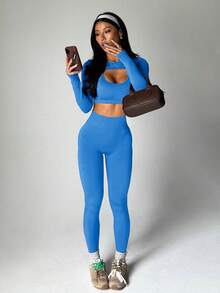 Dewbera Bộ đồ thể thao nữ màu trơn gồm áo hai dây và quần legging. - Màu xanh lam - Xem 3