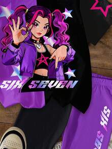 少女休闲韩流女团字母星形印花圆领短袖T恤短裤套装，适合度假、派对、日常穿着、演唱会等场合，夏季圆领T恤短裤两件套 - 彩色 - 查看 7