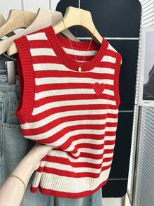 Chiquease 新款春秋季休闲柔软韩版甜美针织女式毛衣背心 - 紅白色 - 查看 3
