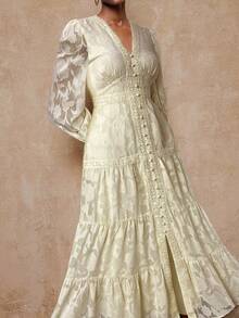 蕾丝染色镂空纽扣腰部连衣裙（女款） - 米色 - 查看 3