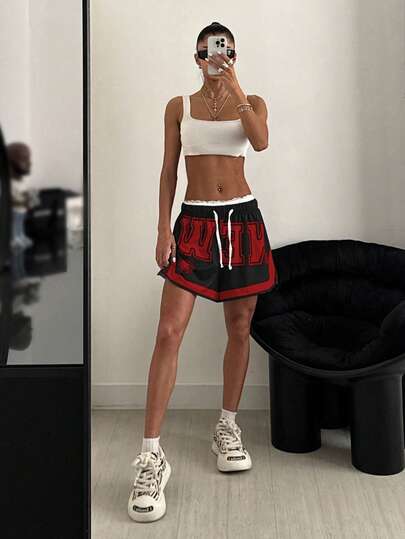 StreetHx Women's Contrast Color Drawstring Loose Casual Shorts With Letter Print And Side Slit