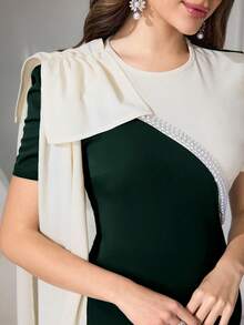 Coutiva 女士优雅针织撞色泡泡袖褶皱腰身修身正式晚礼服 - 墨綠色 - 查看 6