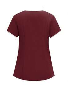 TaskEZ 2pcs White & Red Splice Casual V-Neck Short Sleeve Top And Pants Uniform Set, Cleaning Service Uniform Set - Burgundy - View 8