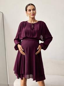 MaterniWear Đầm bầu tay dài màu trơn, kiểu xoắn phía trước. - Màu Đỏ Sâu - Xem 4