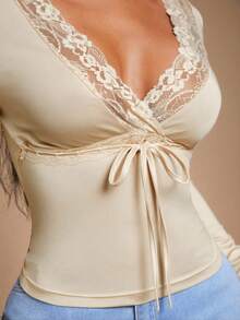 Radiana Women's Sexy Casual Elegant Apricot & Brown Lace Patchwork Long Sleeve V-Neck Fitted T-Shirt, Autumn/Winter Undershirt - Apricot - View 1