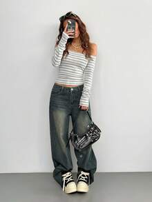 Coolane Áo thun dài tay trễ vai kẻ sọc xám đen phong cách grunge dành cho nữ, thích hợp mặc hàng ngày đi chơi. - Xám - Xem 2