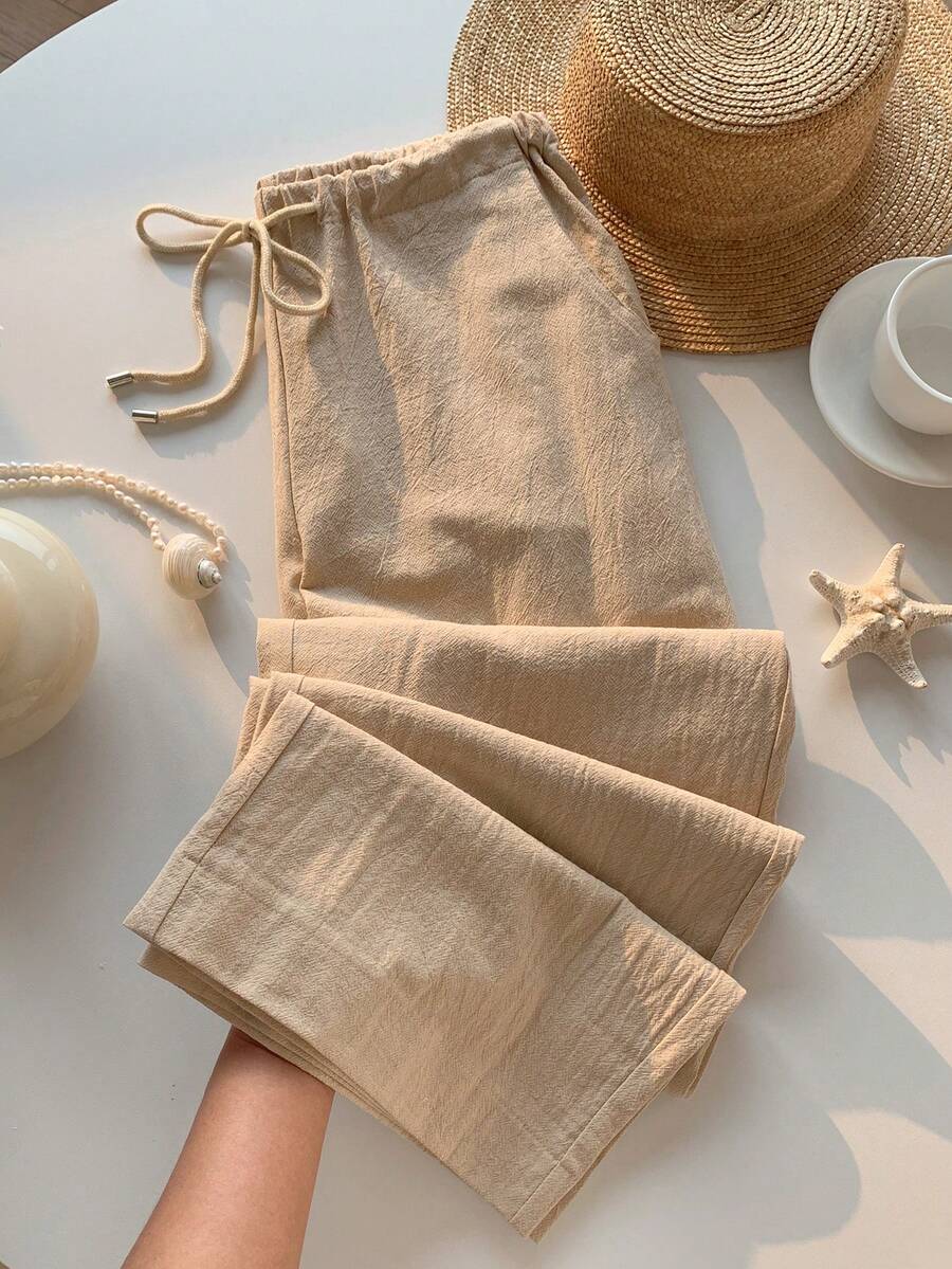 SHEIN EZwear Linen Drawstring Waist Slant Pocket Wide Leg Pants - Apricot - View 1