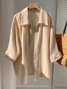 SHEIN EZwear 女裝夏季純色紋理蝙蝠袖休閒襯衫 - 米色 - 查看 3