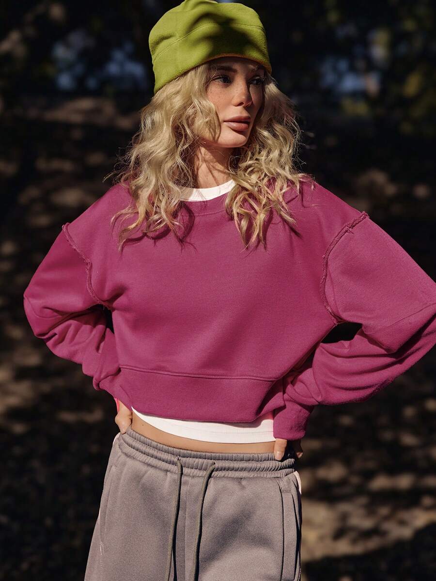 SHEIN Unity 女士休闲落肩圆领长袖卫衣,适合度假和通勤穿着。 - 玫紅色 - 查看 1