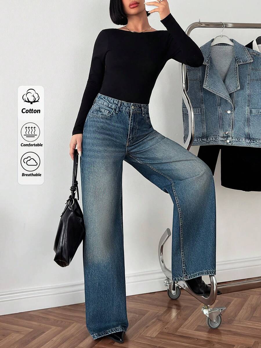 EURMUSE 女士高腰阔腿牛仔裤 - 中等水洗藍 - 查看 1