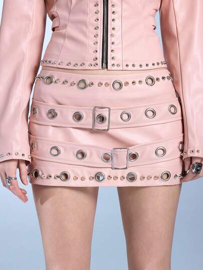 ROMWE Avant Retro sexy körperbetonter Minirock aus PU-Leder mit Nieten-Dekor, taillennah