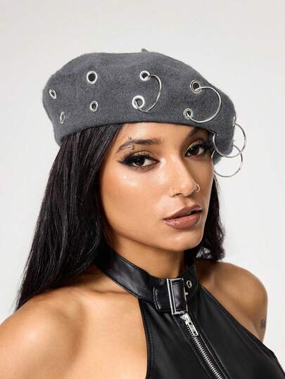 Grunge Punk 1 Punk Style Gray Round Hollow Rivet Beret, Y2K Metal Ring Hat, Daily Personalized Fashion Items