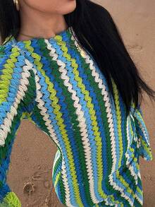 AfricaSnchz Textured Stripe Knit Flared Maxi Dress Spring Summer Vacation Boho Ibiza Elegant Beach Cute The Beach House Festival Wedding Guest, Elegant, Birthday Christmas, Halloween, Fall, Winter Fall Winter Wedding Guest - Multicolor - View 3