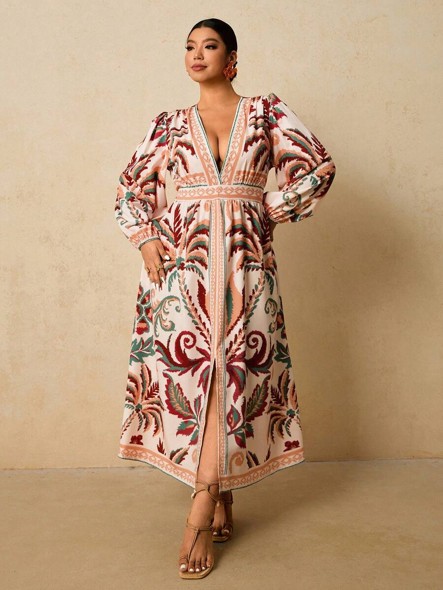 Travachic 大码女式印花连衣裙，V领长袖长裙，蓝棕色 - 彩色 - 查看 1