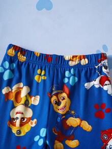 SHEIN | PAW Patrol Young Boy Cartoon Pattern Colorblock Short Sleeve Top And Shorts Snug Fit Pajamas Set - Blue - View 4