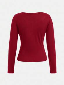 SHEIN 少女黑色纯色半拉链休闲针织长袖T恤 - 酒紅色 - 查看 2