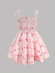 Girlism 少女粉色碎花褶皱腰带蝴蝶结层叠下摆短连衣裙，休闲夏季度假连衣裙 - 粉色 - 查看 2