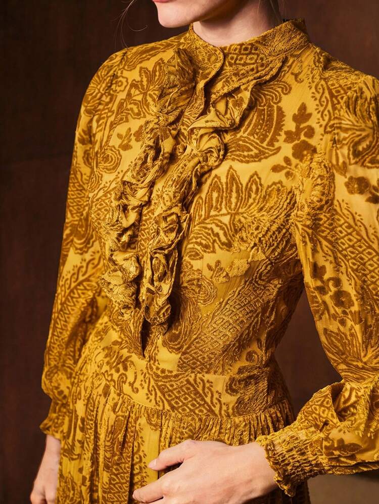 VELVET FLOCKED JACQUARD LANTERN SLEEVE RUFFLE HEM DRESS