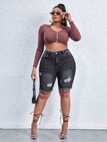 EURMUSE 大码修身中腰破洞休闲牛仔短裤 - 深灰色 - 查看 3