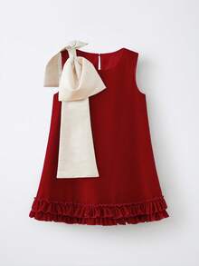 Maija Kids Red Autumn Party Elegant Oversized 3D Bow Decor Crisp Velvet Round Neck Ruffle Hem Sleeveless Graceful Dress,Suitable For Christmas Classic Fashion - Red - View 2