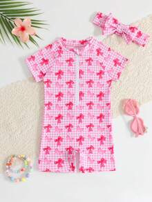 女婴可爱蝴蝶结印花发带和泳衣套装，弹性连体泳衣，适合夏季户外活动 - 粉色 - 查看 2