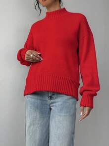 Suéter de manga larga para mujeres - lavable a máquina, elástico, recortado, adecuado para ropa casual y blusa casual de temporada completa apilada (color sólido; fácil de cuidar), suéter de tierra para mujeres, suéter de temporada múltiple para mujeres - Rojo - Ver 3