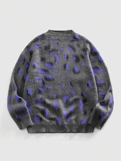Men's Casual Loose Fit Leopard Print Long Sleeve Sweater, Autumn/Winter