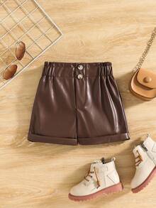 SHEIN Shorts décontractés taille haute à volants en PU pour filles, polyvalents pour l'été, les activités extérieures et toutes les occasions, classiques et polyvalents - Tabac - Voir 1