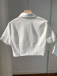 SHEIN EZwear Áo sơ mi nữ Túi Nút phía trước màu trơn Giải trí - trắng - Xem 2