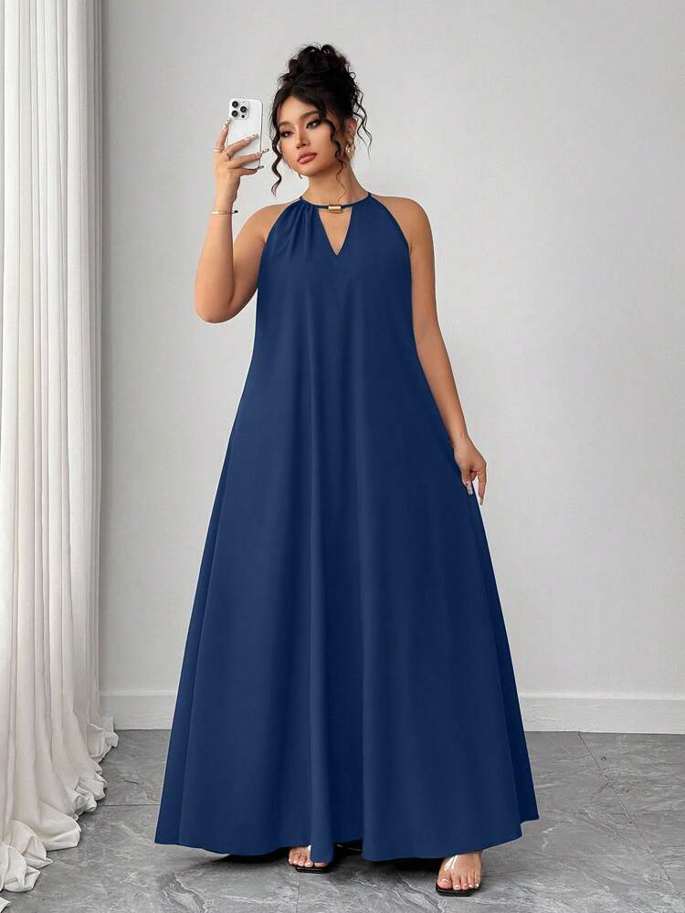 SHEIN Tall CURVE Never Out Of Style, Kooky Elegance Collection (Woe Is Me Vibes)(Wednesday Aesthetic) Plus Size Women Woven Casual Halter Loose Black Dress For Tall Plus Size Blue Maxi Dress Plus Size Summer Dress Blue Maxi Dress Women Blue Party Dress Curve Blue Maxi Dress - Navy Blue - View 1