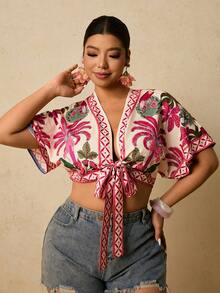 Travachic Áo croptop tay cánh dơi in họa tiết nhiệt đới cỡ lớn, thích hợp mặc đi nghỉ mát. - Hồng - Xem 5