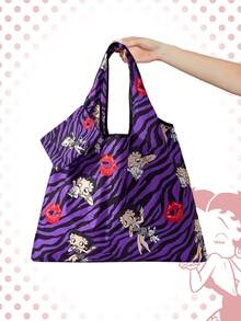 Betty Boop | ROMWE Bolso de tote plegable de gran capacidad con monedero, bolsa de compras portátil, bolsa de gimnasio - Morado - Ver 9