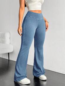 Flexra Plus Size Solid Color Casual Elastic Jeans Flared Leggings For Women Stretchy Jeans Pants Flare Leg Flared Sweatpants - Blue - View 6