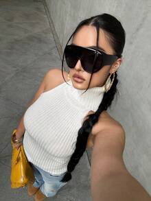 POPSWAY Blusa de cuello alto sin mangas de punto de unicolor, adecuada para primavera, verano y otoño, talla grande - Blanco - Ver 1