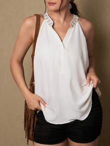 SHEIN VCAY 大码波西米亚复古杏色露背无袖上衣，纽扣装饰，V领设计，蕾丝拼接，温柔优雅风格，百搭宽松雪纺衬衫，适合春夏穿着 - 杏色 - 查看 8