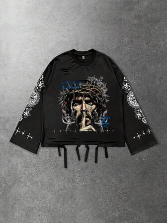 T-shirt à manches longues pour hommes avec imprimé délavé, coupe ample