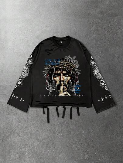 Men's Distressed Print Long Sleeve T-Shirt, Loose Fit