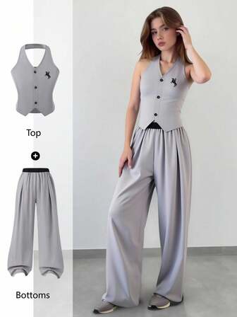 Reset Phase Conjunto informal de niña adolescente con top halter bordado de un solo pecho y pantalones de pierna ancha, adecuado para uso diario, fiestas u ocasiones semi-formales