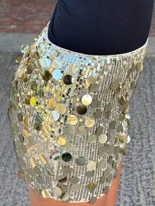 Mélanie ORL 全新女式蓝色针织亮片低腰修身性感迷人迷你四季闪亮裙，优雅高级闪光裙，别致紧身短款 Falda 裙，女式派对裙，鸡尾酒短裙，俱乐部裙 - 金色 - 查看 3