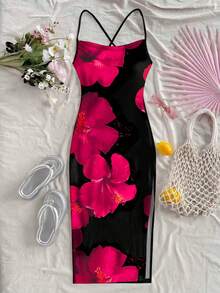 Soleia 女士印花修身吊带侧开衩连衣裙，度假风 - 玫紅色 - 查看 3